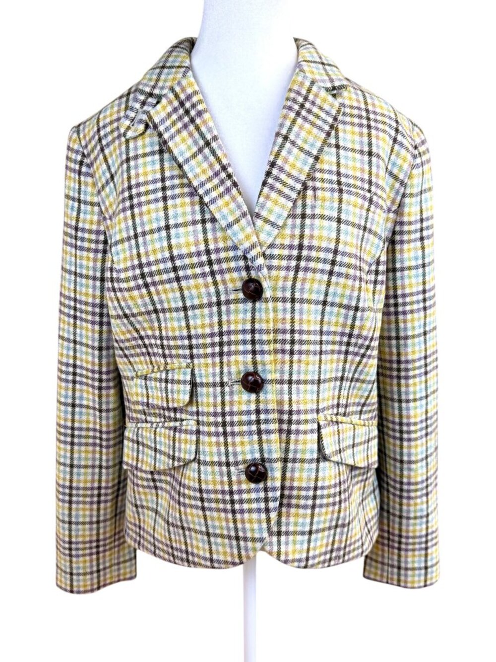 LL Bean Wool Blend Jacket Plaid Cream Blue Lavender Multi Single Breasted (12)
